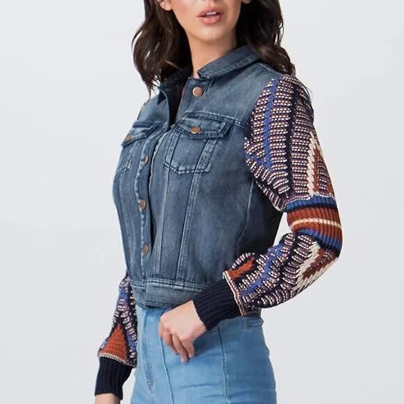 Flying Tomato Size Medium Boho Sweater Sleeve Denim Jacket - Picture 3 of 10